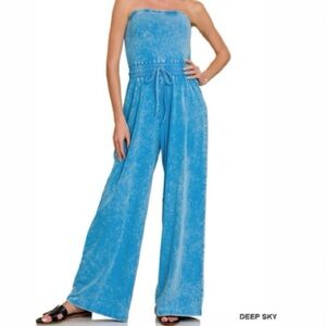 NWT ZENANA Deep Sky Acid Wash Jumpsuit S M L
